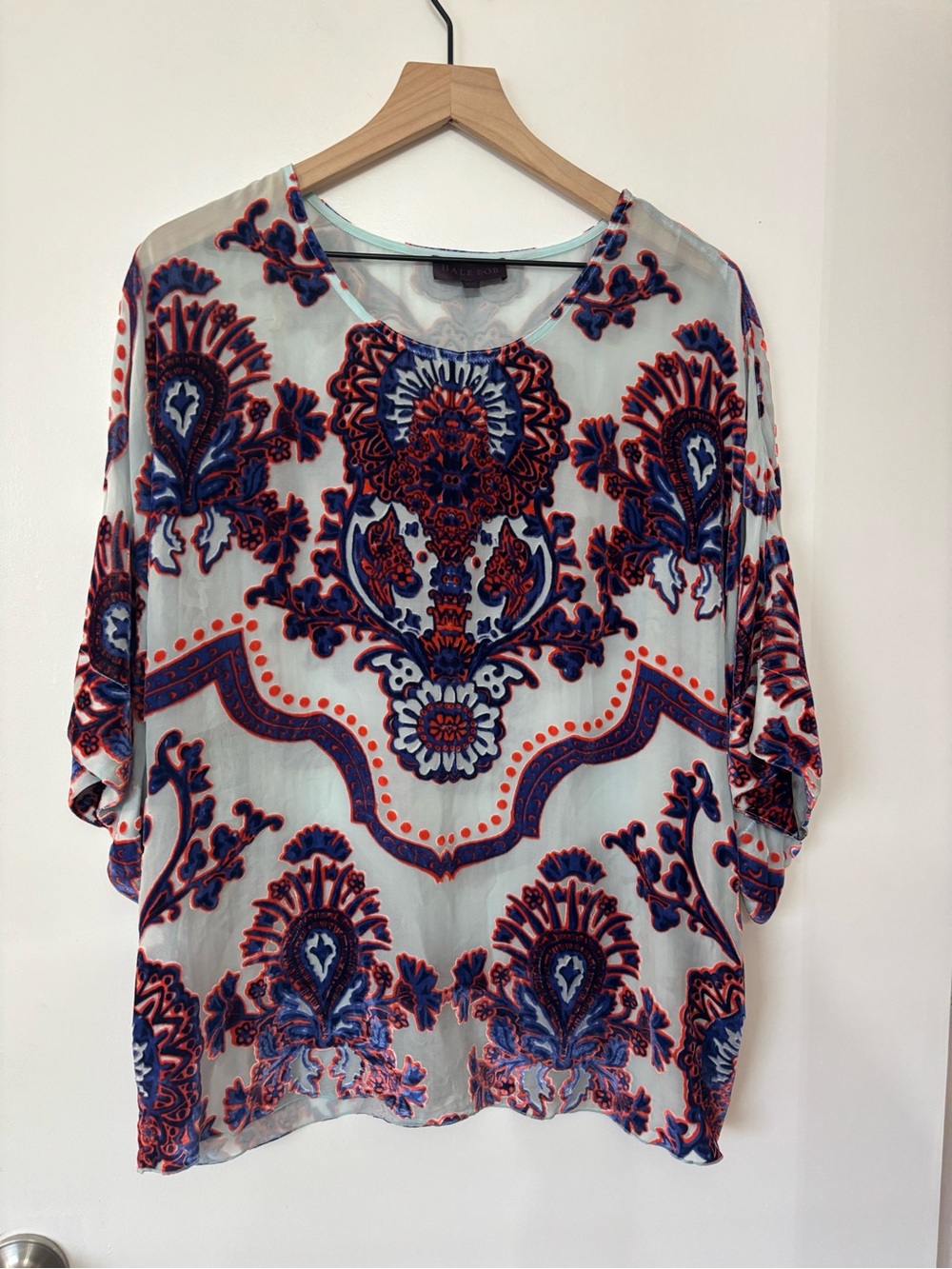 Hale Bob Women Velvet Burnout Short Sleeve Silk Blend Top Blouse Size XS